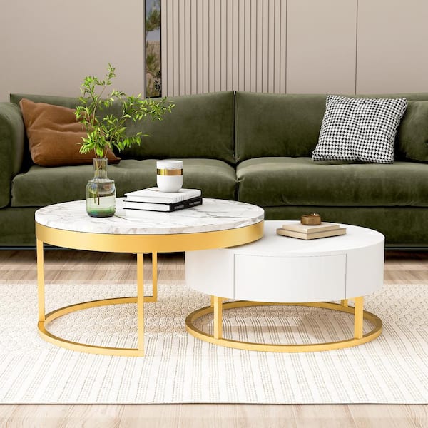 Clihome 32 in. White Round MDF Nesting Coffee Table with Drawers