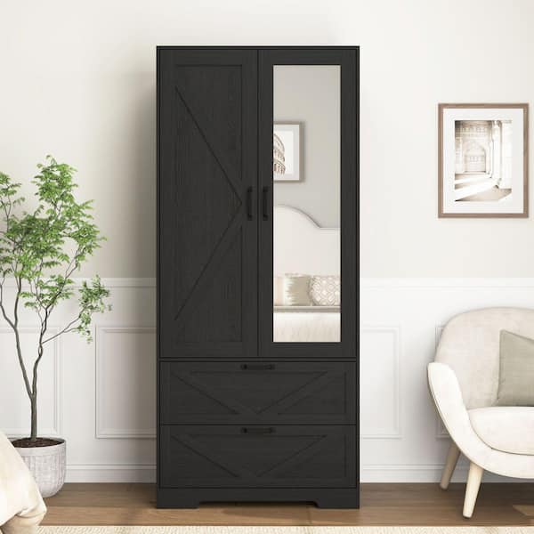 Black 31.5 in. Engineered Wood Wardrobe Armoire with Interior Light, Drawers, Mirror Door and Hanging Rod