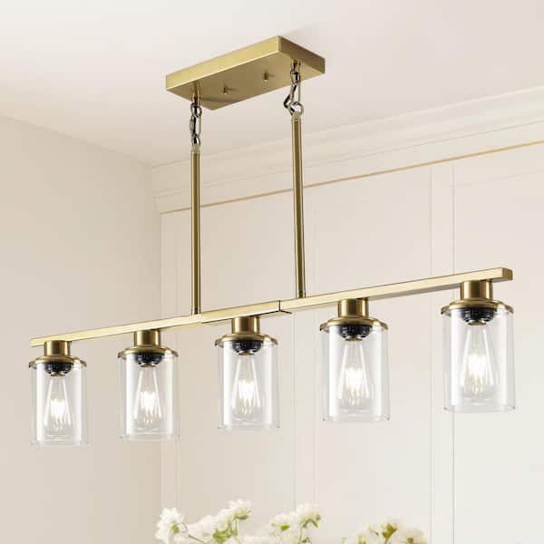 5-Light Gold Linear Chandelier Pendant Light Industrial Ceiling Light for Kitchen Island