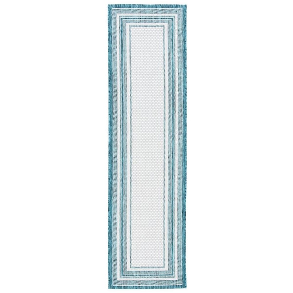 SAFAVIEH Courtyard Ivory/Teal 2 ft. x 7 ft. Solid Color Striped Indoor/Outdoor Runner Rug