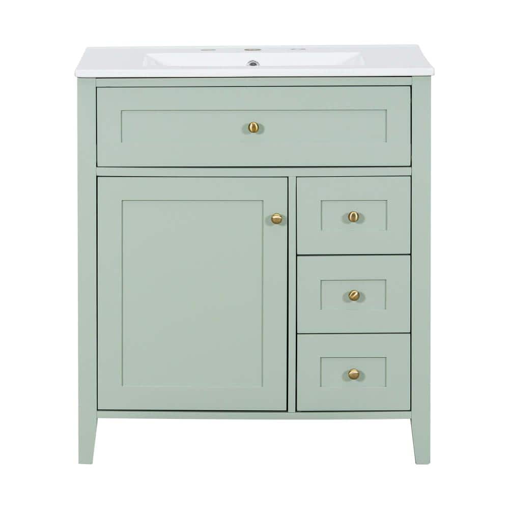 30 in. Freestanding Light Green Bath Vanity with White Ceramic Top, Sink, 3 Drawers, Adjustable Shelf, Bathroom Storage price history on PriceWatchPro