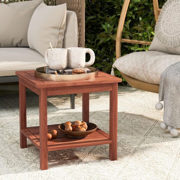 18 in. W Double-Tier Acacia Wood Patio Side Table with Slatted Tabletop for Balcony, Deck or Porch