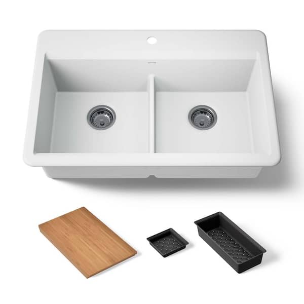 KOHLER Lassen 33 in. Drop-in Double Bowl Granite Composite Kitchen Workstation Sink in Matte White with Accessories