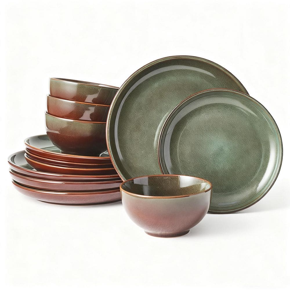 Wudkey 12-Piece Modern Brown Green Stoneware Dinnerware Set