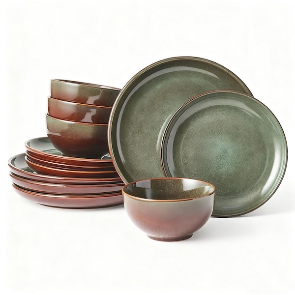 12-Piece Modern Brown Green Stoneware Dinnerware Set (Service for 4), Reactive Glaze Plates and Bowls Sets