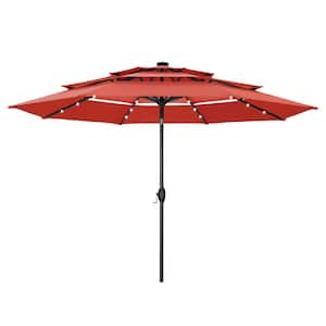 10 ft. 3-Tier Patio Market Umbrella with Solar LED Lights AutoTilt and Crank in Red