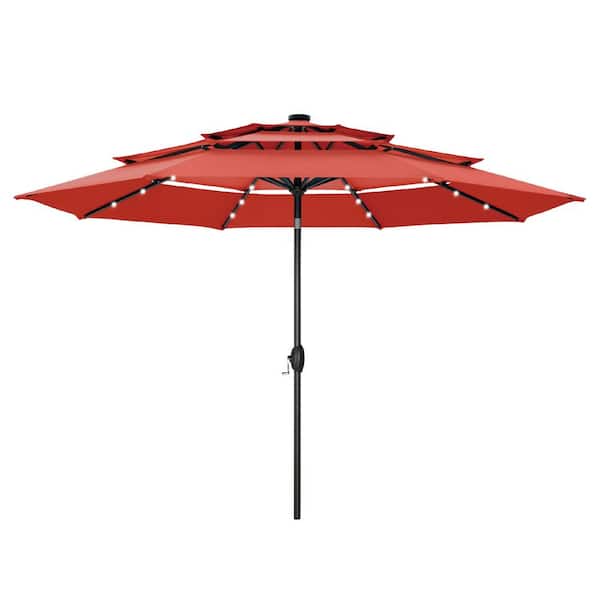PHI VILLA 10 ft. 3-Tier Patio Market Umbrella with Solar LED Lights AutoTilt and Crank in Red
