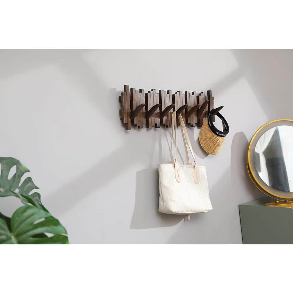 Angel Sar 7-Hooks Brown Wall Mounted Piano Coat Rack, Acacia Wood
