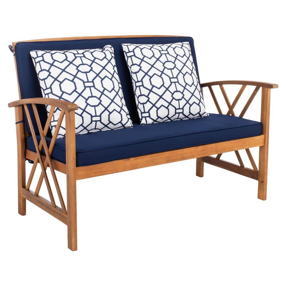 Fontana Natural Acacia Wood 4-Piece Patio Conversation Set with Navy Cushions