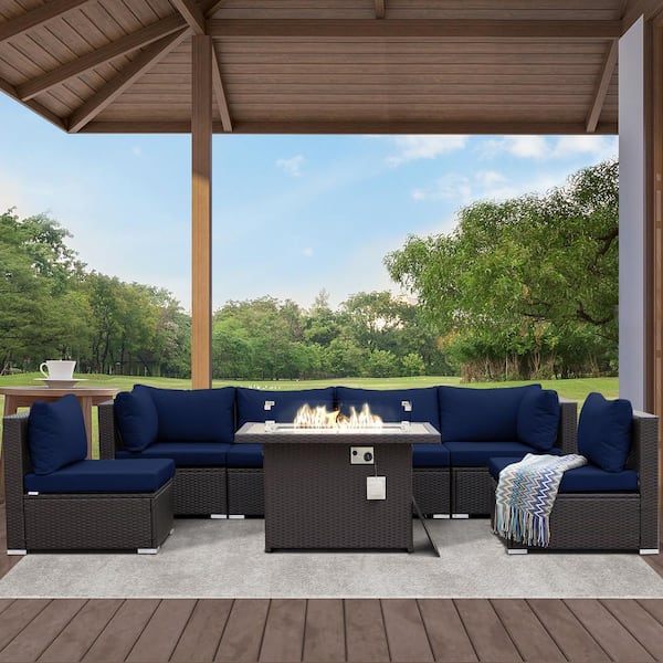 NICESOUL luxury 7Piece Espresso Wicker Patio Fire Pit Conversation Sectional Deep Seating Sofa