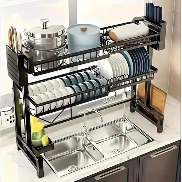 1-Pack Single-Layer Double-Layer Countertop Dish Storage Drain Rack, Retractable Kitchen Sink Storage Rack, Black