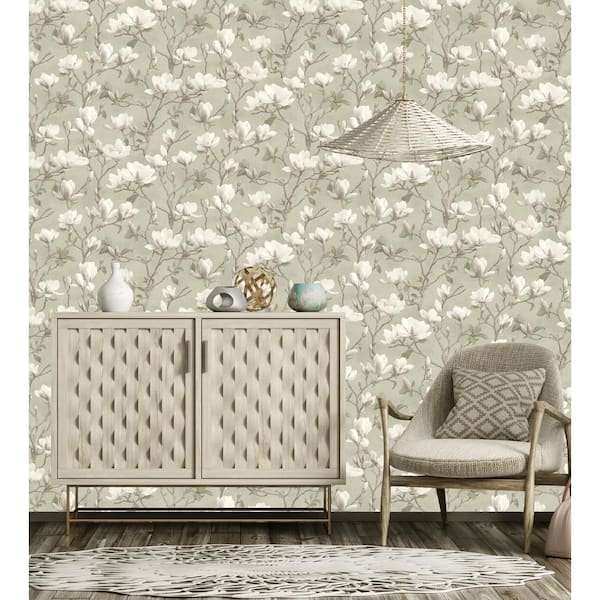 Sage Meandering Magnolias Print Non Woven Non-Pasted Textured Wallpaper 57 Sq. Ft.