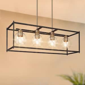 32.5 in. 4-Light Black Modern Island Chandelier, Globe Seeded Glass Pendant Light, Brass-Plated Farmhouse Light Fixture