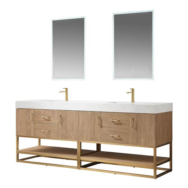 Alistair 84 in. W x 22 in. D x 34 in. H Double Sink Bath Vanity in N.America Oak with WH Composite Stone Top and Mirror