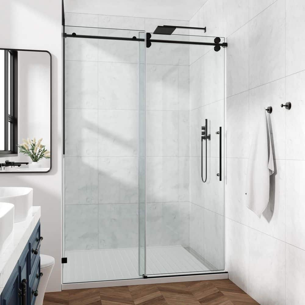 56-60 in. W x 76 in. H Sliding Frameless Shower Door in Matte Black with Clear Glass price history on PriceWatchPro