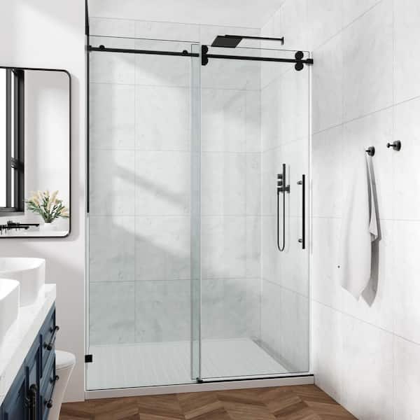 62-66 in. W x 76 in. H Sliding Frameless Shower Door in Matte Black with Clear Glass