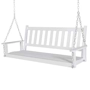 4 ft. White Outdoor Wooden Patio Porch Swing with Chains and Curved Bench