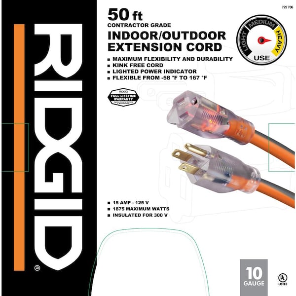 RIDGID 50 ft. 10/3 Heavy Duty Indoor/Outdoor SJTW Extension Cord