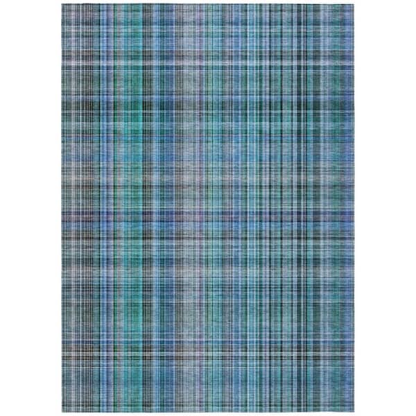 Blue, Gray 5 ft. x 8 ft. Woven Plaid Polyester Rectangle Indoor / Outdoor Area Rug