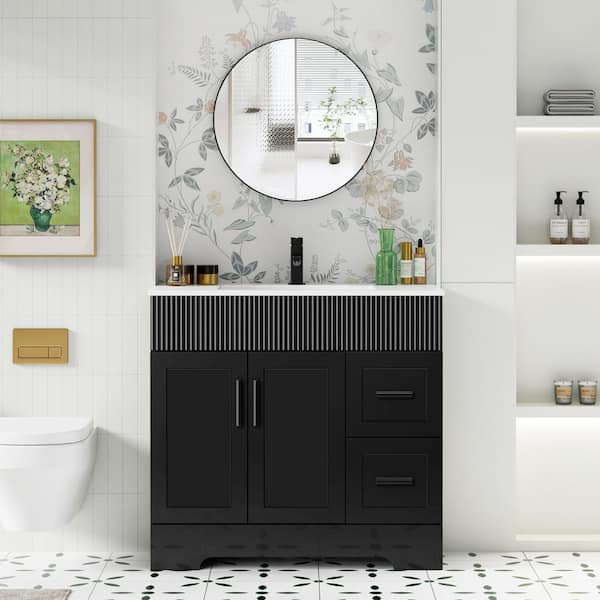 36 in. W. x 18 in. D x 34 in. H Single Sink Freestanding Black Bath Vanity with White Integrated Composite Resin Top