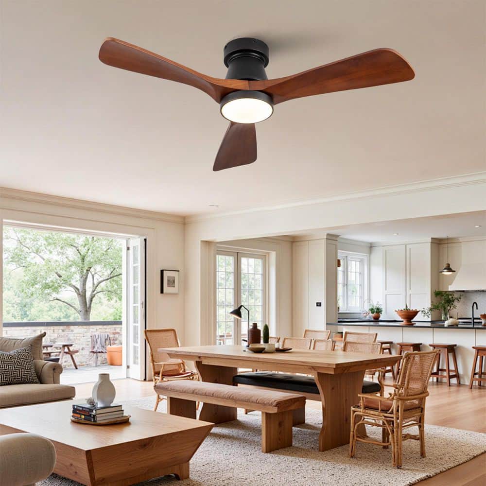 42 in. Indoor/Outdoor Black Flush Mount Standard Ceiling Fan with 3 Solid Wood Blades, Dimmable LED and Remote Control price history on PriceWatchPro
