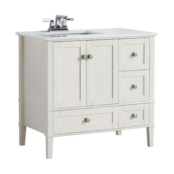 Simpli Home Chelsea 36 in. Bath Vanity in Soft White with Quartz Marble Vanity Top in White with Left Off Set White Basin