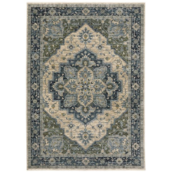 Ambrose Blue/Beige 8 ft. x 11 ft. Center Oriental Medallion Polyester Fringe Edge Indoor Area Rug