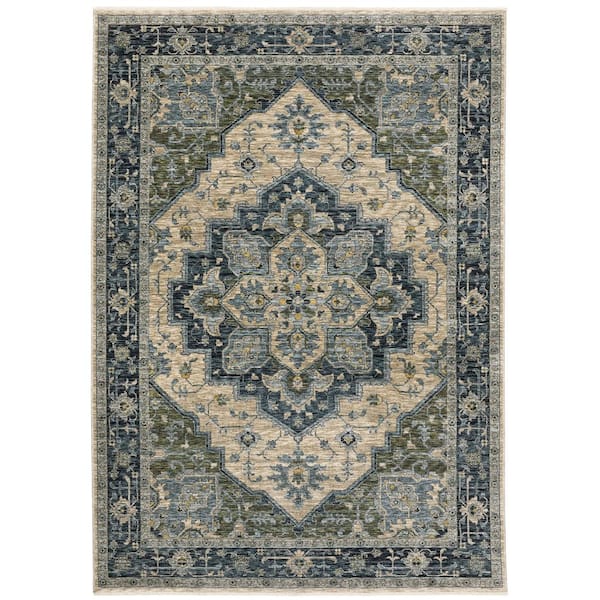 Ambrose Blue/Beige 10 ft. x 13 ft. Center Oriental Medallion Polyester Fringe Edge Indoor Area Rug