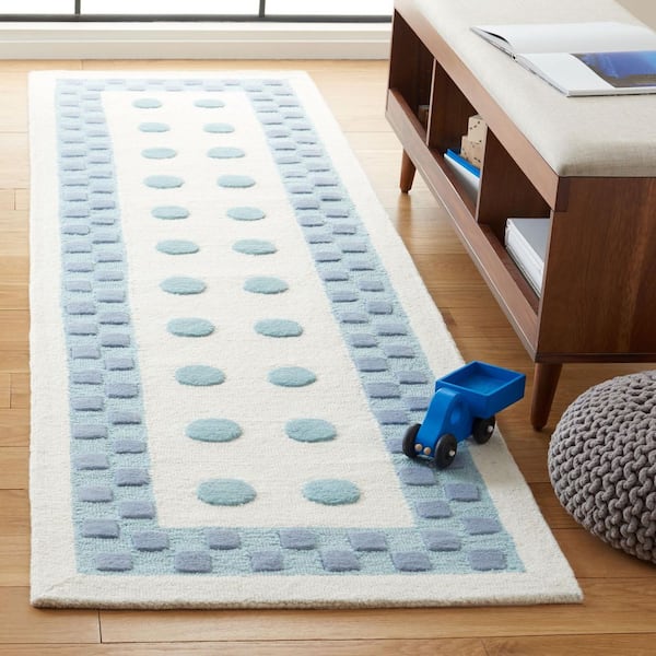 Kids 2 ft. x 8 ft. Ivory/Blue Polka-Dot Border Runner Rug