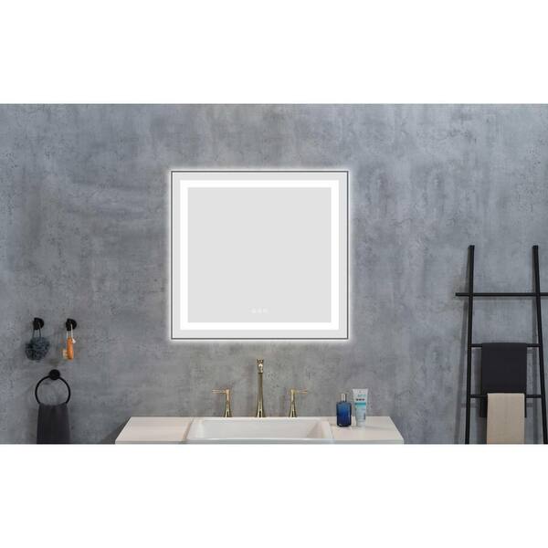 Gun Ash 30.00 in. W x 28.00 in. H LED Modern Rectangle Aluminium Framed Wall Mirror