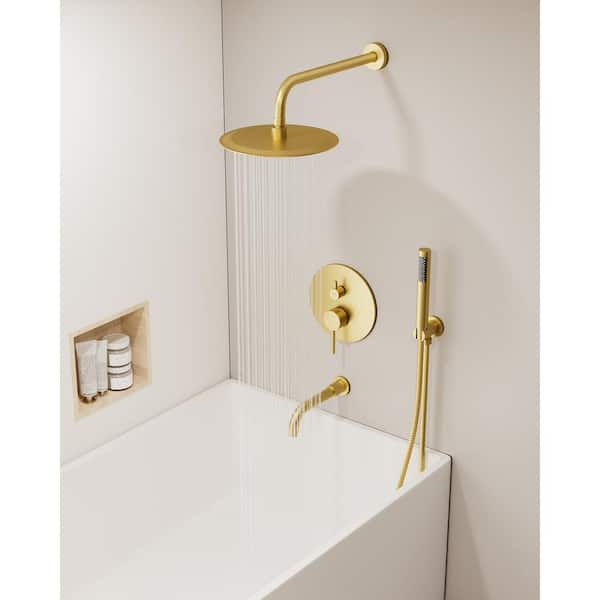 Double Handles 3-Spray 10 in. Wall Mount Shower Head Tub and Shower Faucet in Brushed Gold (Valve Included)