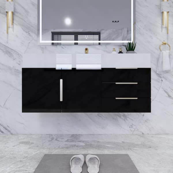 Bethany 47 in. W x 20 in. D x 22 in. H Single Sink Floating Bath Vanity in Gloss Black with White Acrylic Top