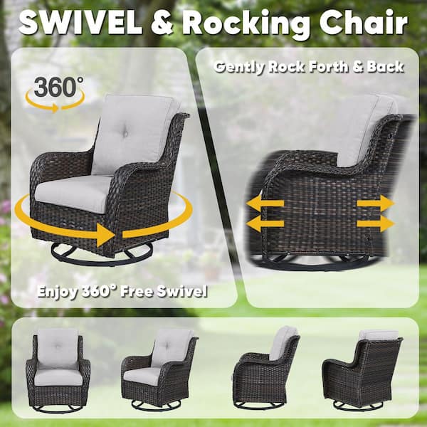 4-Piece Brown Wicker Fire Pit Conversation Set with Olefin Beige Cushions and Curved Arm Swivel Glider Chairs