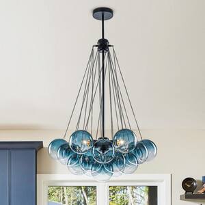 3-Light 15.7 in. Blue Gradient Globe Pendant Light Matte Black Frame Chandelier for Living Room Kitchen Island