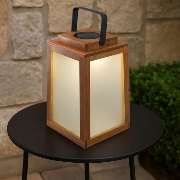 12 in. Black Modern Rechargeable Integrated LED Wooden Solar Lantern Table Lamp with Frosted Glass Shade and USB Port
