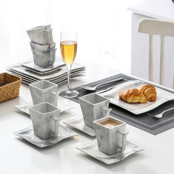 MALACASA Marble Gray Tea Cups and Saucers 18 Piece Square Dinner Set with Dessert Plates Series Blance Service for 6 Dish Set with 8.25-inch Appetizer Plates 6 oz Espresso Cups and Sauces 
