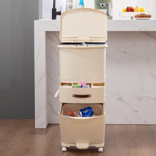 VECELO 12 gal. Kitchen Trash Can with Lid, White Plastic 15.2 in. Sideboard Large-Capacity Bin with Removable Inner Buckets