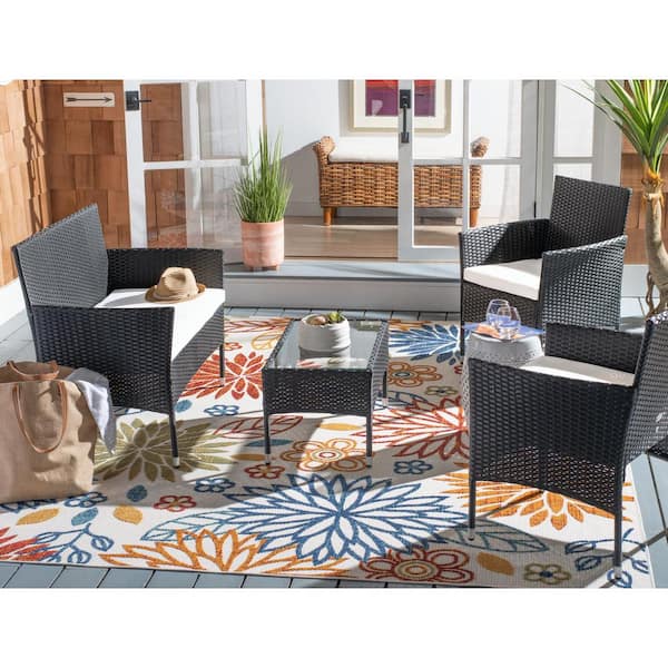Abdul Black 4-Piece Wicker Patio Conversation Set with Beige Cushions