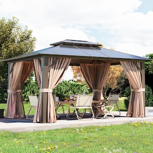 10 ft. x 12 ft. Hardtop Outdoor Double Roof Gazebo with Netting and Curtains for Backyard