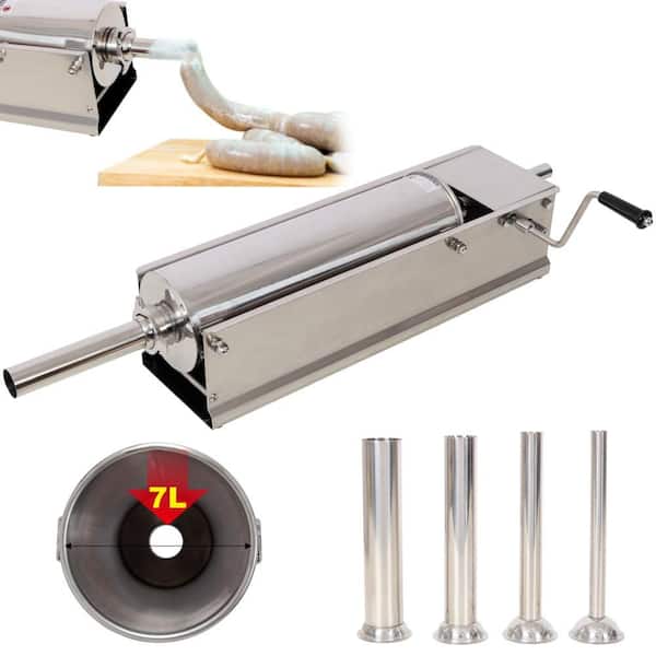 7L/15 lbs. Horizontal Sausage Stuffer, Stainless Steel, Manual Sausage Maker, With 4-Piece Filling Nozzles