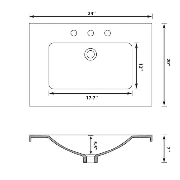 24 in. W x 20 in. D Ceramic White Rectangular Single Sink Bathroom Vanity Top in White