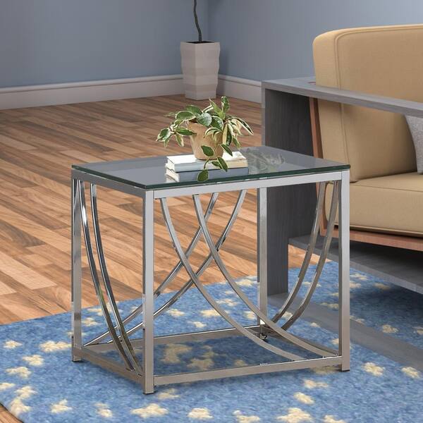 Benjara 19 75 In W Chrome And Clear Rectangle Tempered Glass Top End Table With Metal Tubular Legs Bm220279 Clear Rectangle Tempered Glass, Rectangle Glass Top End Table