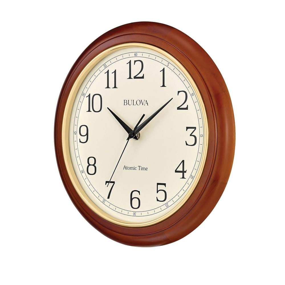 12" Cherry Brown Wooden Analog Wall Clock with Gold Bezel