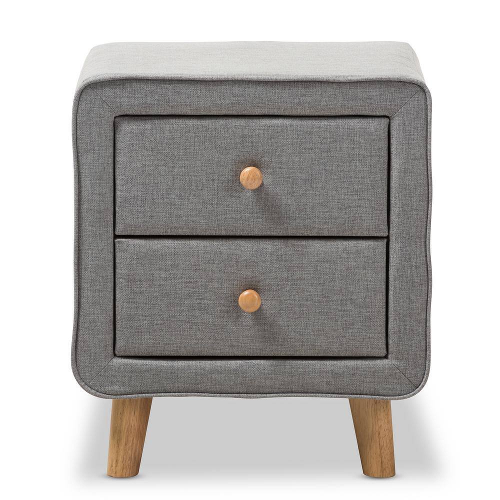 Jonesy Mid-Century Grey Fabric 2-Drawer Nightstand