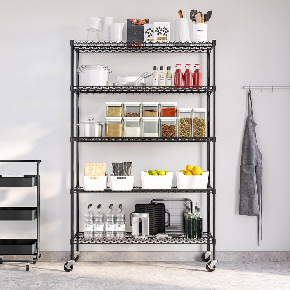 Black Adjustable 5-Tier Steel Wire Shelving Unit with Wheels