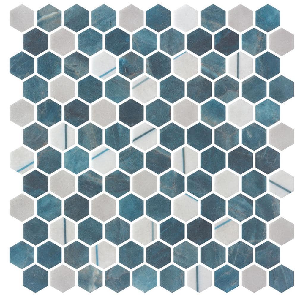 Avery Soar Blue 1 in. x 1 in. Honeycomb Polished Upcycled Glass Mosaic Floo
