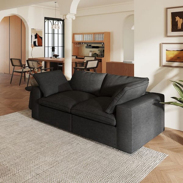 Modern Wide Deep Seat 79 in. Soft Linen 2-Seater Cloud Loveseat Modular Sofa Couch with Washable Cover in Black