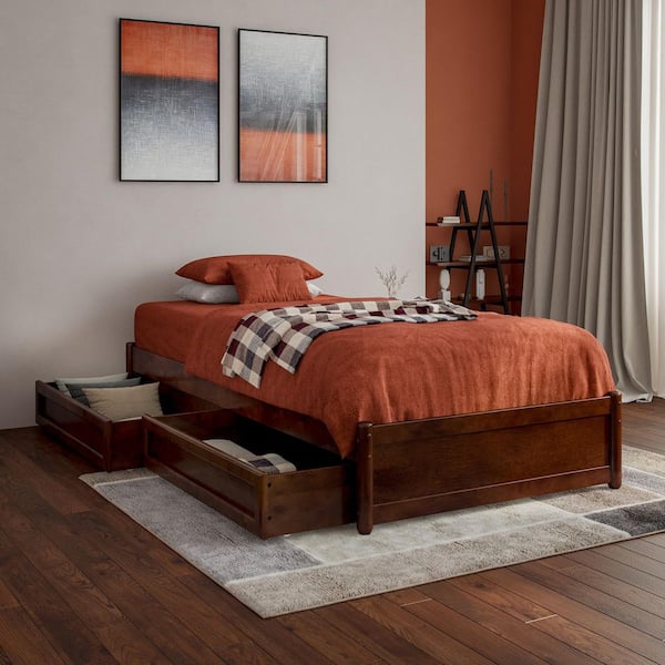 AFI Barcelona Walnut Brown Solid Wood Frame Twin XL Panel Platform Bed with Storage Drawers