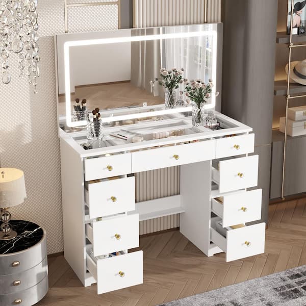 White Makeup Vanity Desk 9-Drawers Wood Dressing Table with Big Lighted Mirror, Glass Top, Crystal Handles