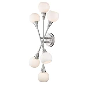 Tian 15 in. 6-Light Brushed Nickel Wall Sconce Light with Matte Opal Glass Shade with Bulbs Included